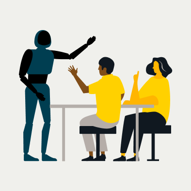 An illustration of a robot teaching to persons sitting in front of a desk and asking questions.