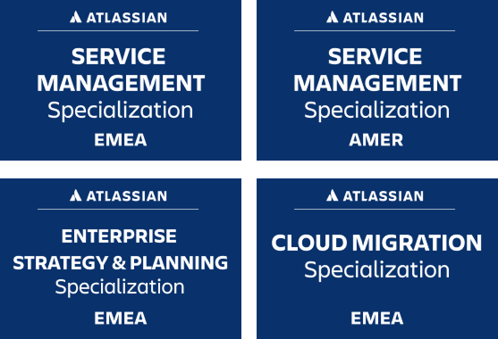 Graphic showing four Atlassian specialization badges—Service Management EMEA, Service Management AMER, Enterprise Strategy & Planning EMEA, and Cloud Migration EMEA—on navy backgrounds.